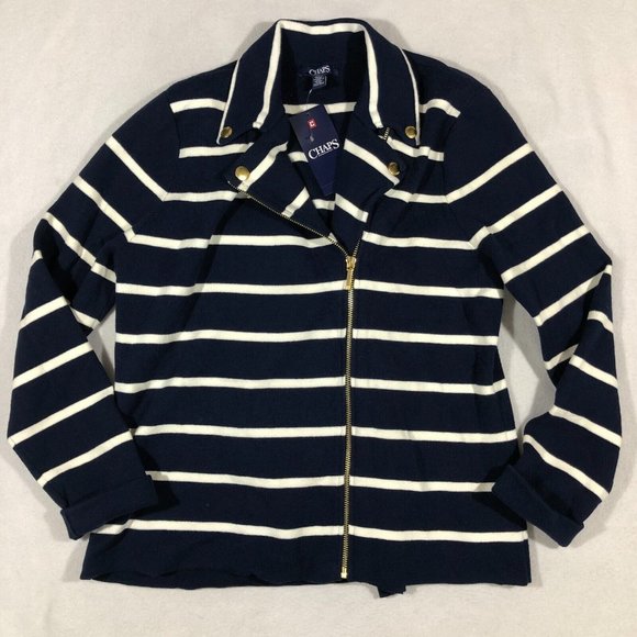 Chaps Jacket Womens Large Stripe Asymmetrical Knit Moto Sweater Jacket NEW $99 - Picture 1 of 13